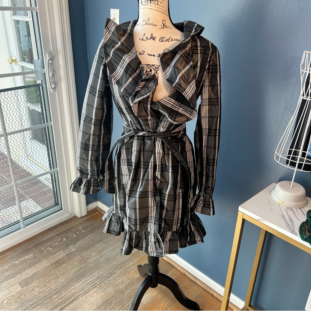 Kenar | Plaid V- Neck Ruffled Front Trench Coat